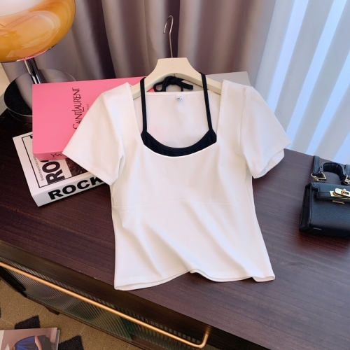 Real shot of pure cotton 2024 summer new style pure cotton right shoulder short sleeve t-shirt for women + suspenders