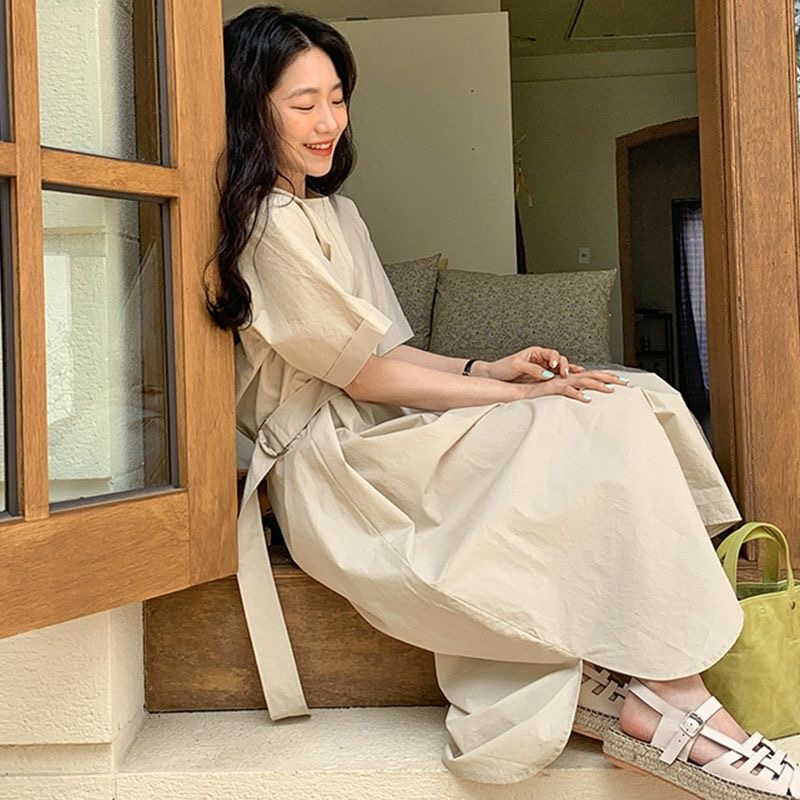 韓國chic極簡風小眾圓領側腰帶寬鬆過膝襯衫連衣裙長裙女