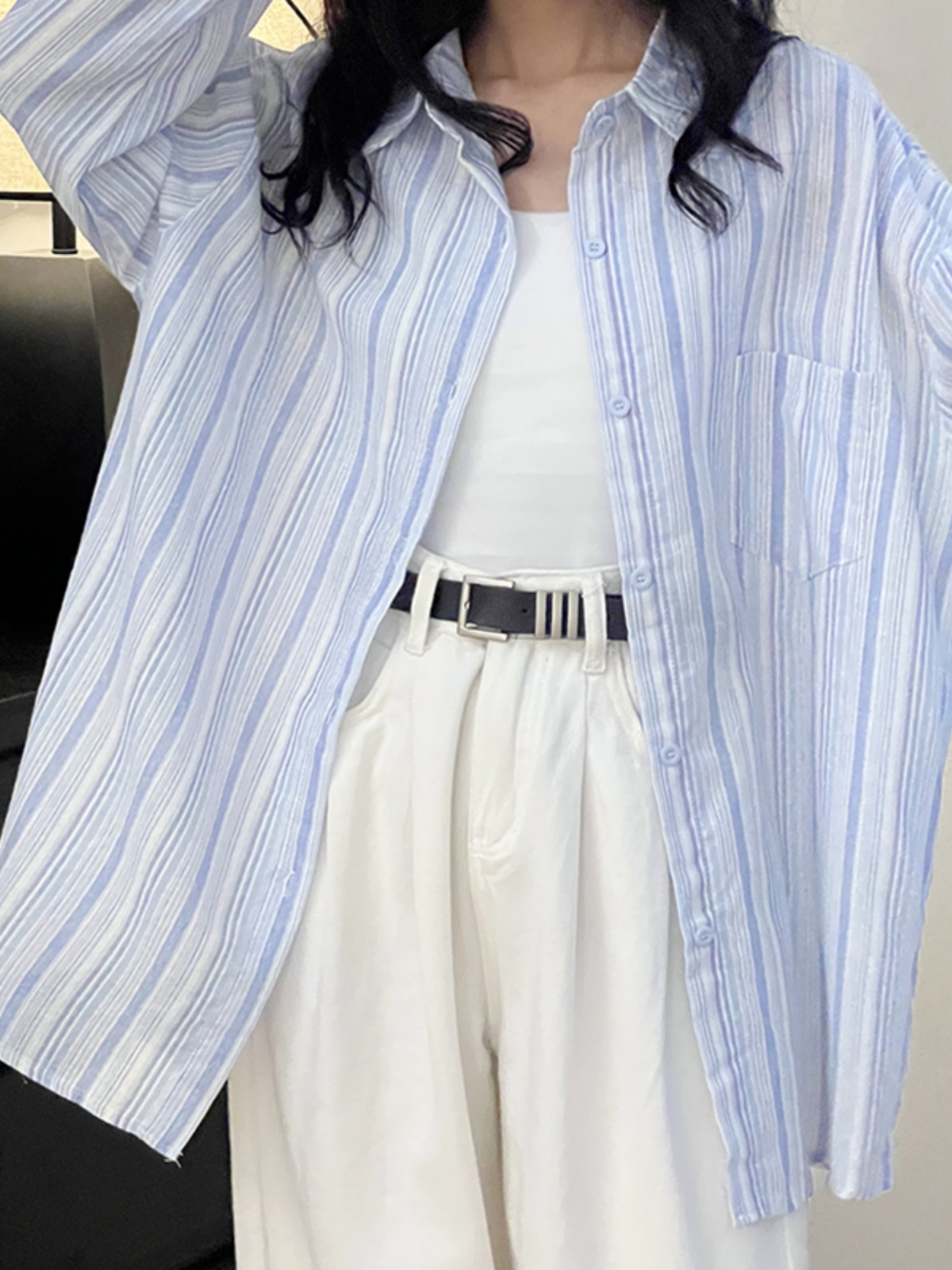 文藝氣質條紋中長款寬鬆顯瘦襯衫2024夏季新款韓版長袖翻領上衣潮