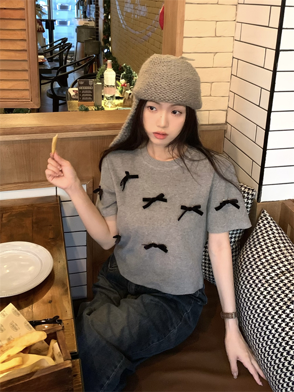 實拍~韓系鬼馬少女可愛可拆卸蝴蝶結短袖短款T恤上衣