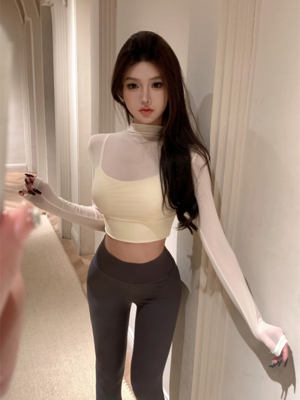 實拍 一體式固定胸墊假兩件長袖網紗健身瑜伽服運動上衣T恤女
