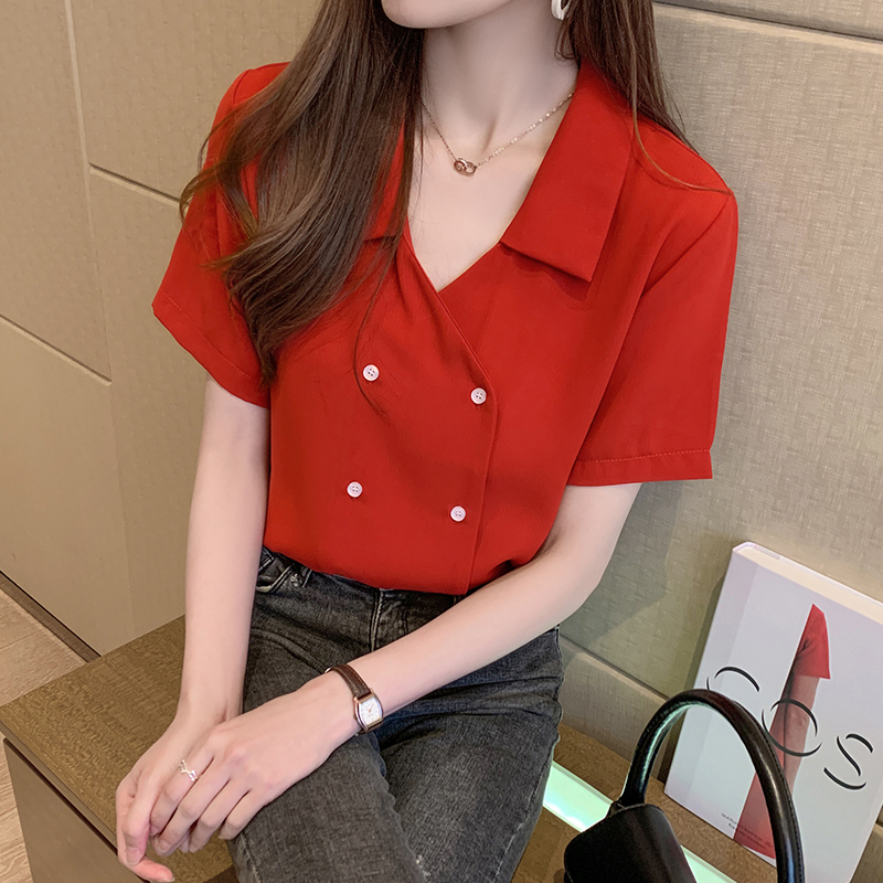 2024夏季新款設計感小眾輕熟短袖v領襯衫女洋氣很仙的襯衣