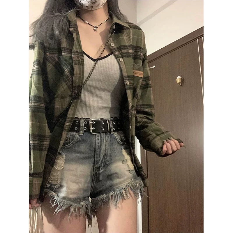 原版棉色織復古綠格子襯衫女春秋新款設計感小眾襯衣