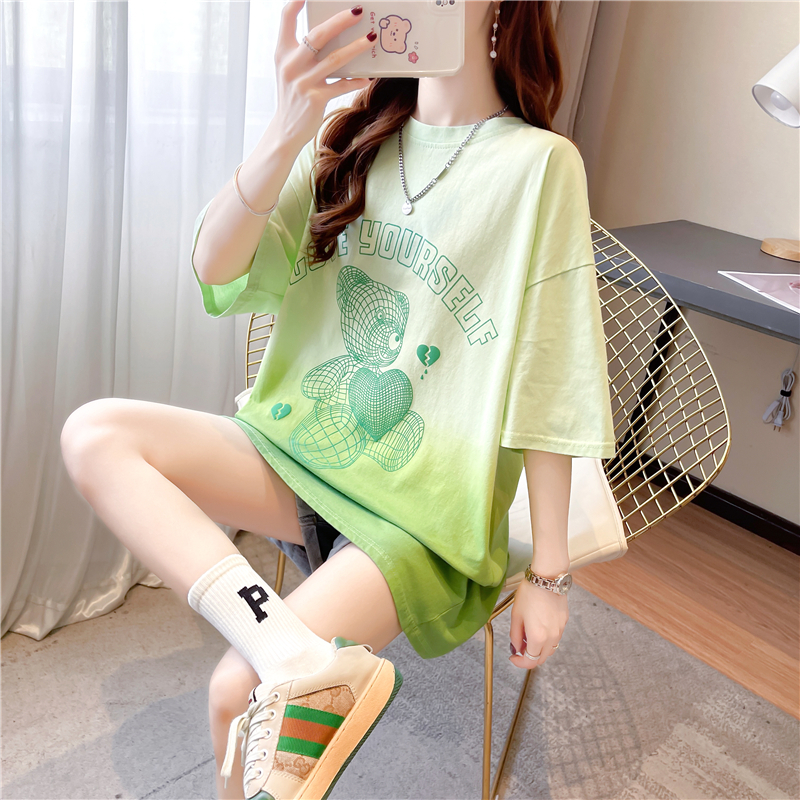 實拍 夏裝韓版寬鬆圓領漸變印花上衣中長款大碼短袖T恤女