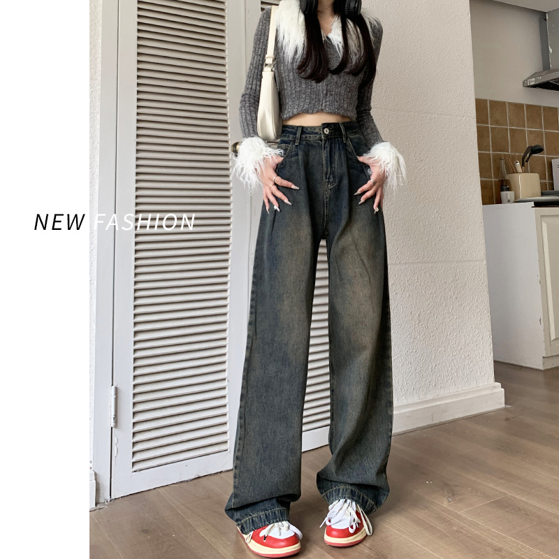 2024年春季新款米白色闊腿牛仔褲女高腰寬鬆顯瘦百搭垂感拖地褲