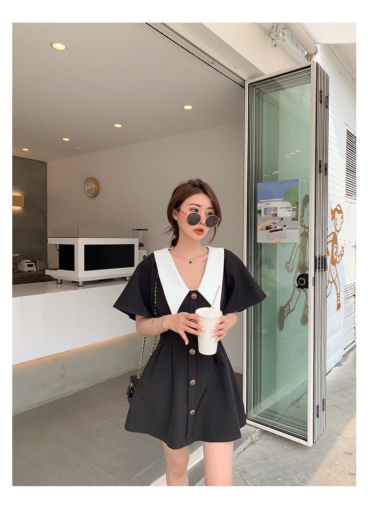 夏季新款大碼女裝娃娃領黑色裙子收腰氣質短袖連衣裙 M-4XL200斤