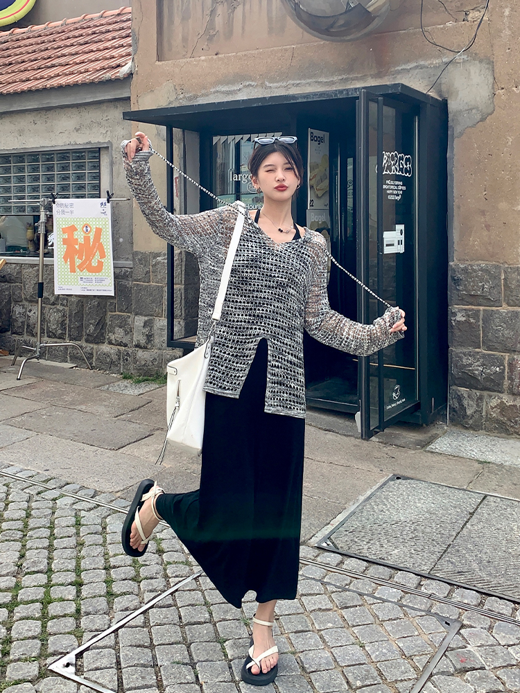 張大人秋季名媛氣質套裝女休閒時尚洋氣鏤空罩衫上衣掛脖式連衣裙