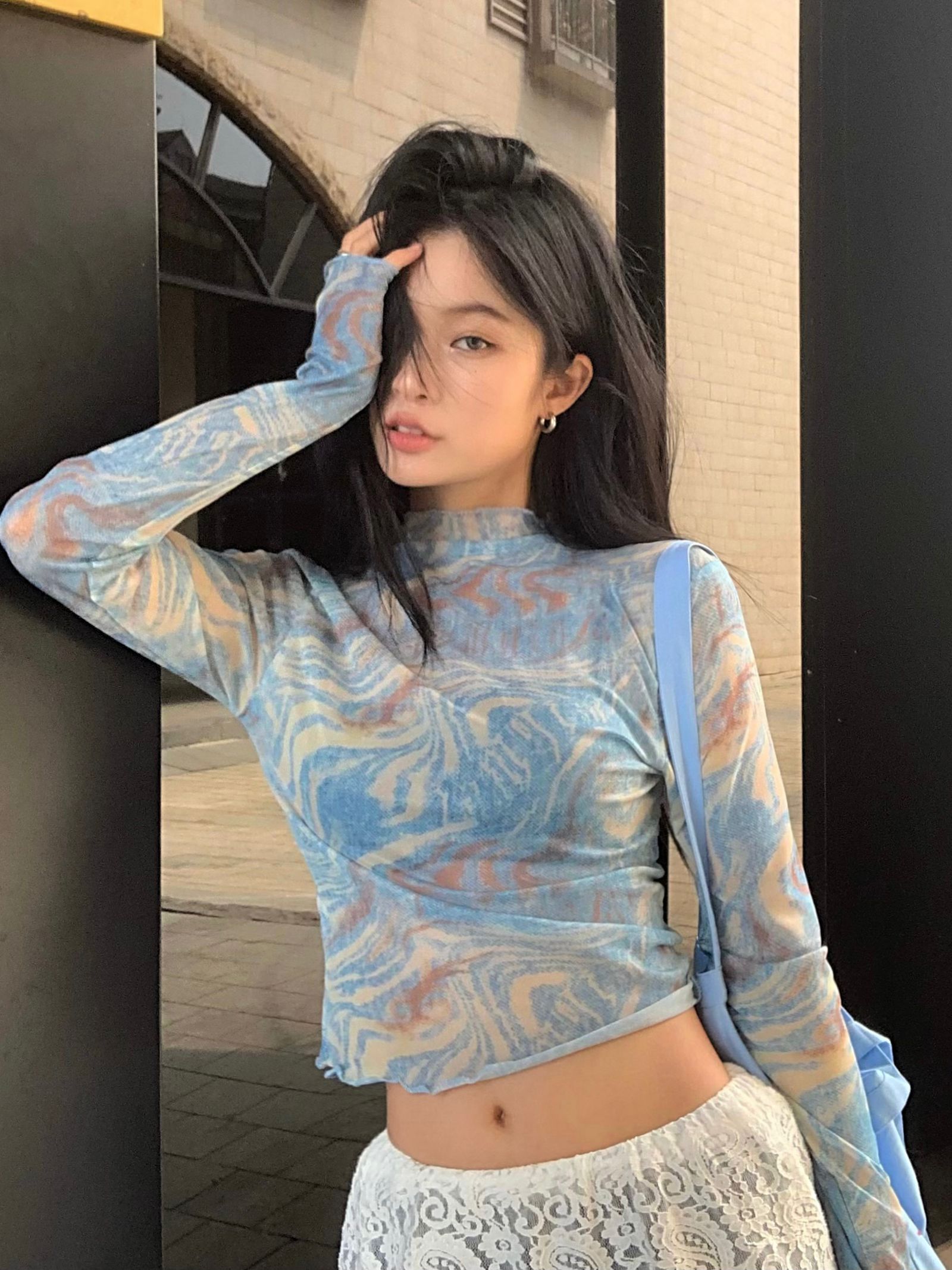 Actual shot 2024~early spring niche design stand-up collar long-sleeved tie-dye thin mesh top