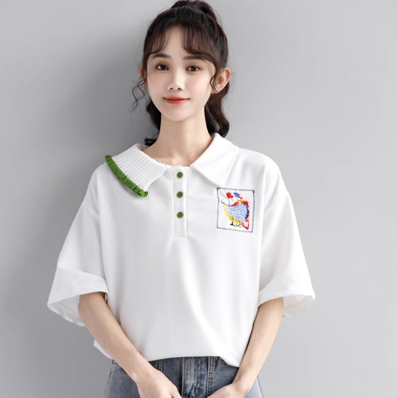 原版做工白色polo衫女拼色設計感2024夏季新款刺繡翻領短袖T恤