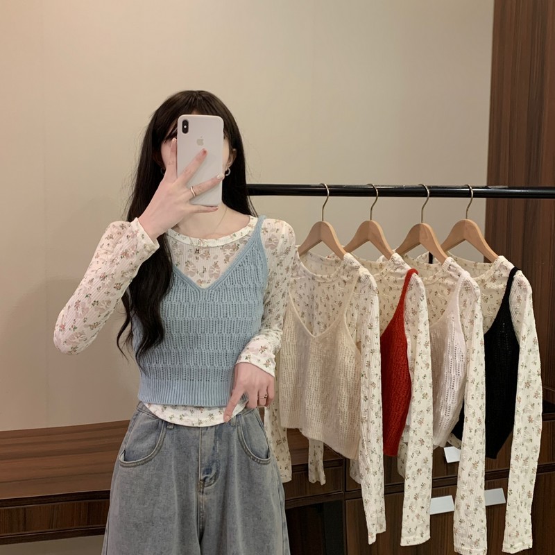 甜美減齡韓系圓領碎花修身上衣疊穿麻花針織吊帶馬甲背心兩件套裝
