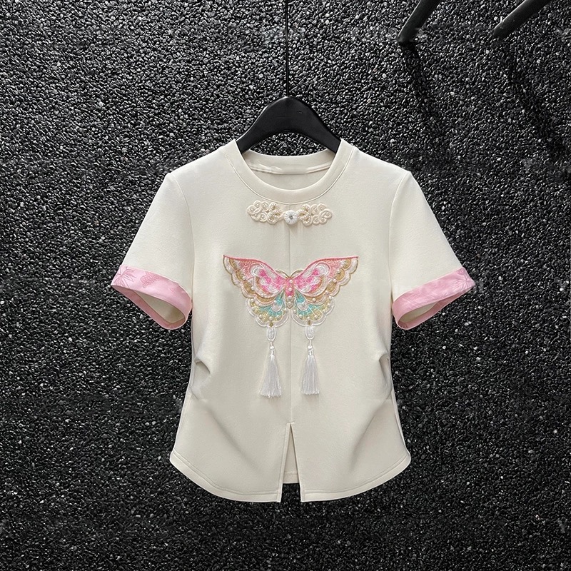 漢元素國風蝴蝶刺繡短袖T恤女2024春夏季重工繡花開叉收腰打底衫