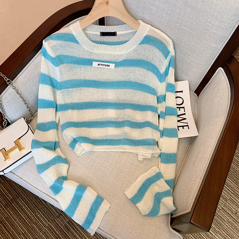 Contrast striped long-sleeved ice silk sweater for women summer thin 2024 new style high-waisted short sun protection top