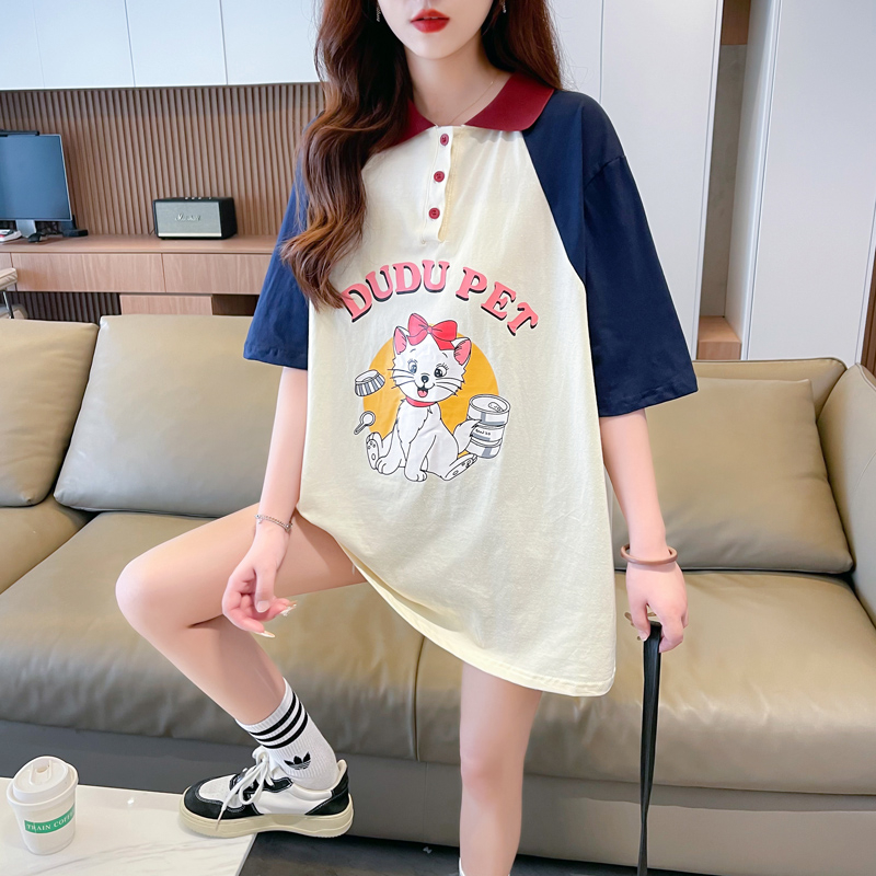實拍純棉 夏季新款短袖T恤女寬鬆印花設計感上衣翻領體恤Polo衫