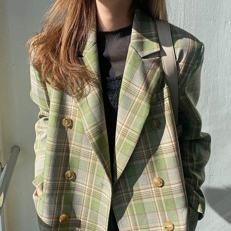 Korean early spring new spring and autumn clothing loose temperament plaid blazer women's mid-length chic suit top