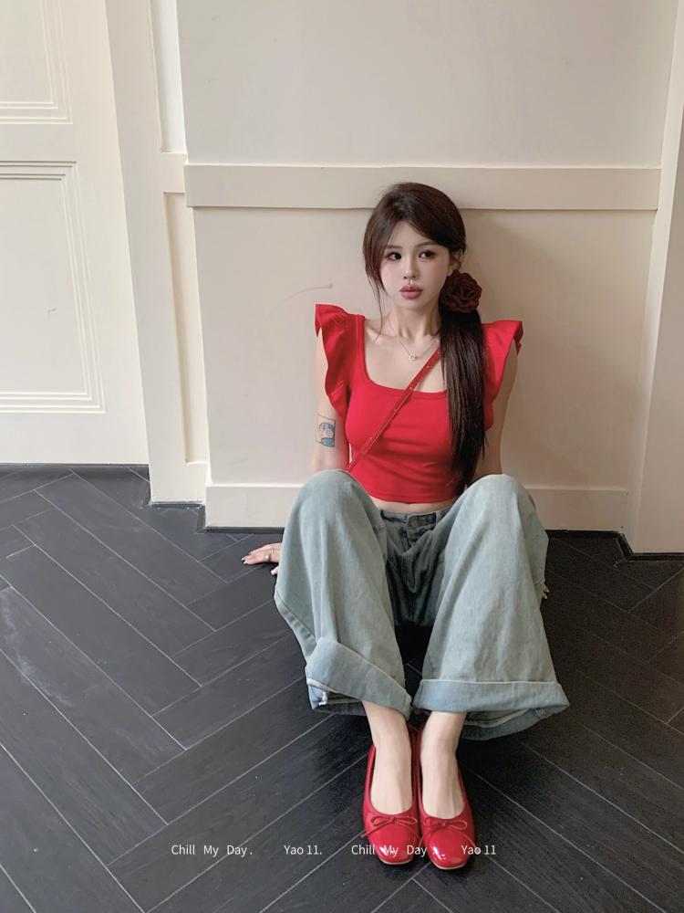 實拍 紅色短款方領小飛袖T恤女夏季修身顯瘦甜辣妹小個子上衣