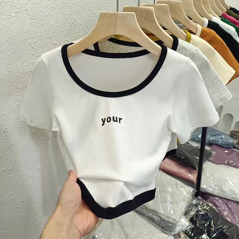 實拍純棉羅紋撞色拼接短袖t恤女夏季修身短款半袖上衣