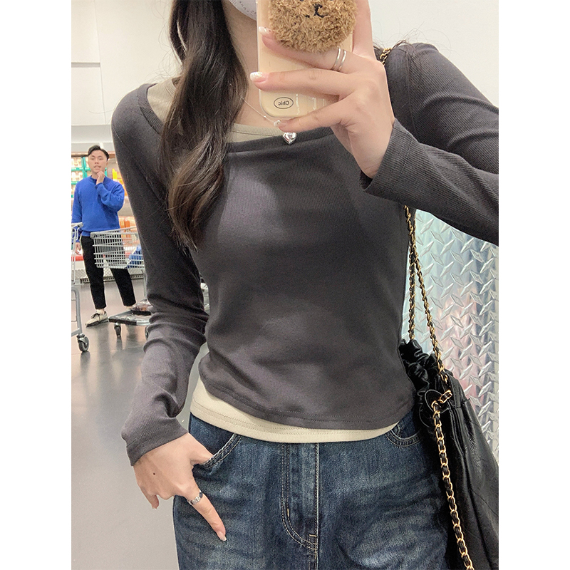 實拍長袖t恤女拼接方領打底衫女春秋設計感假兩件短款上衣