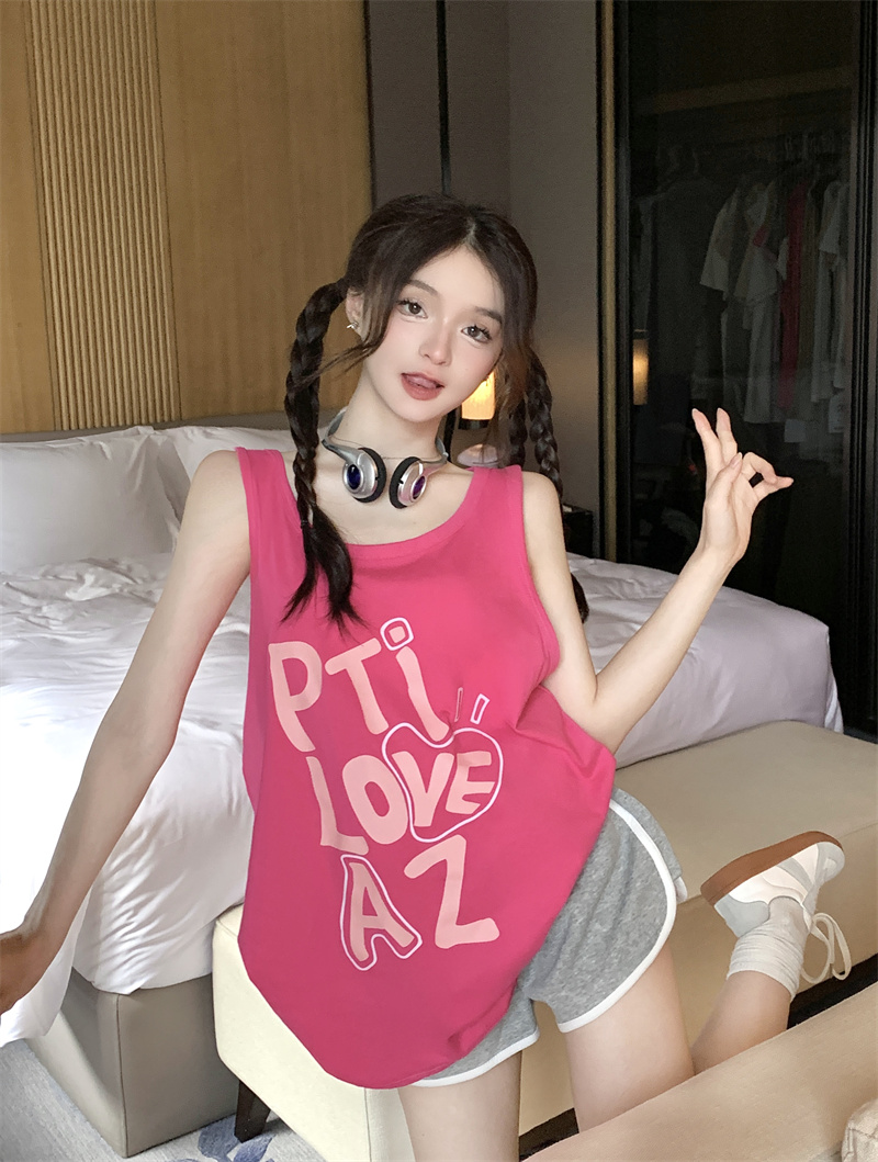 實拍 復古港風火龍果色無袖背心女夏季寬鬆高級感體恤純棉上衣