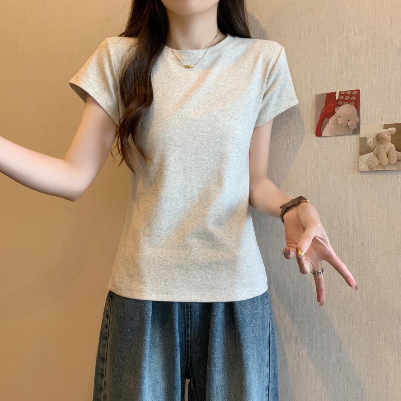 Real shot 40 count pure cotton 2024 summer American style t-shirt women's right shoulder short sleeve European shirt top