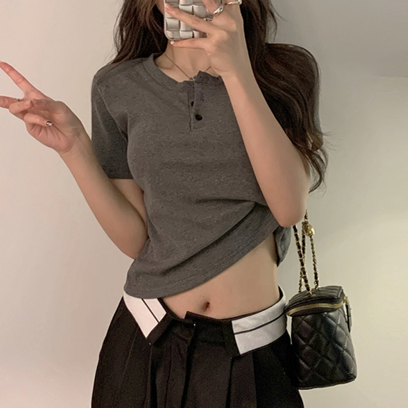 2024 Summer Korean Style Loose 210g Modal Round Neck Button Short Solid Color Short Sleeve T-Shirt for Women