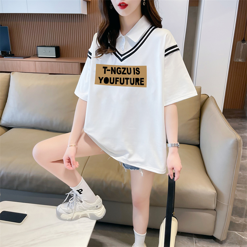 實拍 2024夏裝韓版寬鬆假兩件卡通印花M-3XL大碼短袖T恤女