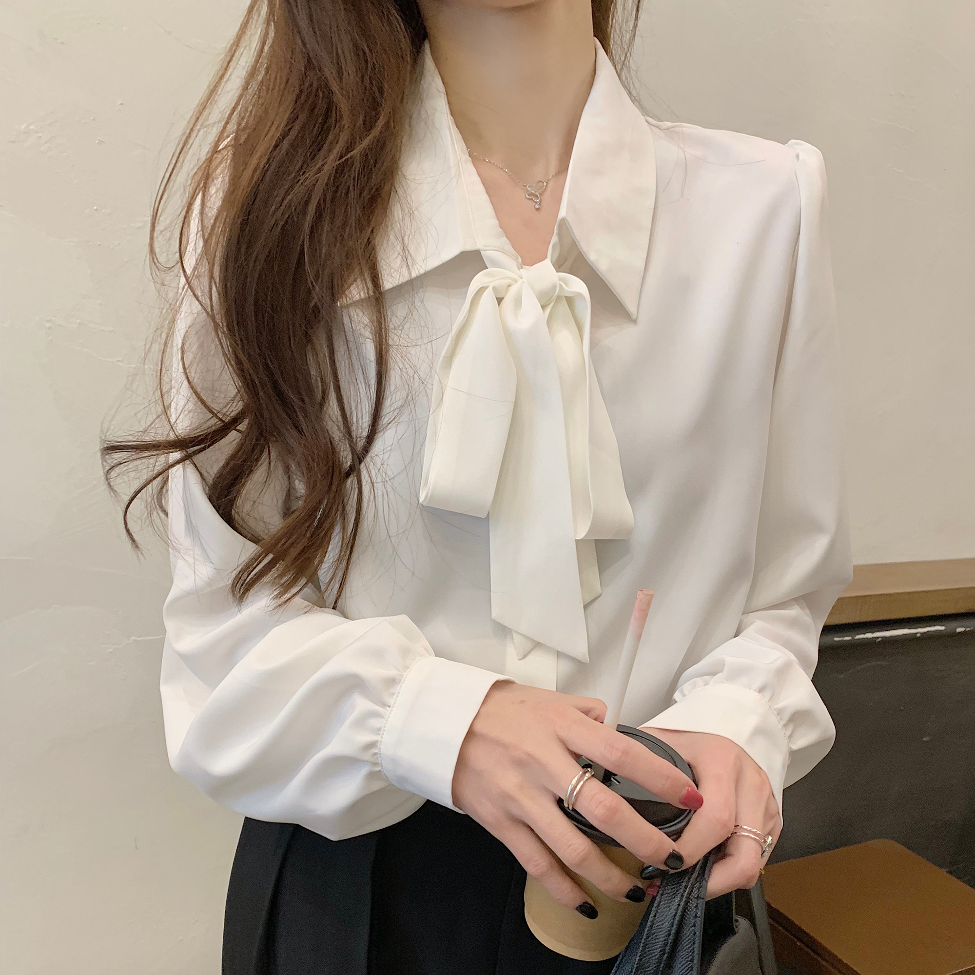 7940 real shot lantern sleeve bow shirt white commuting shirt women's formal dress ribbon design professional top