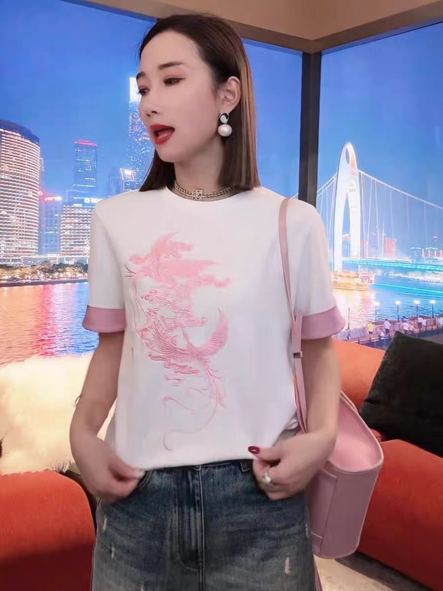 正肩圓領短袖t恤女2024夏季新款重工龍鳳刺繡拼色袖口顯瘦上衣潮