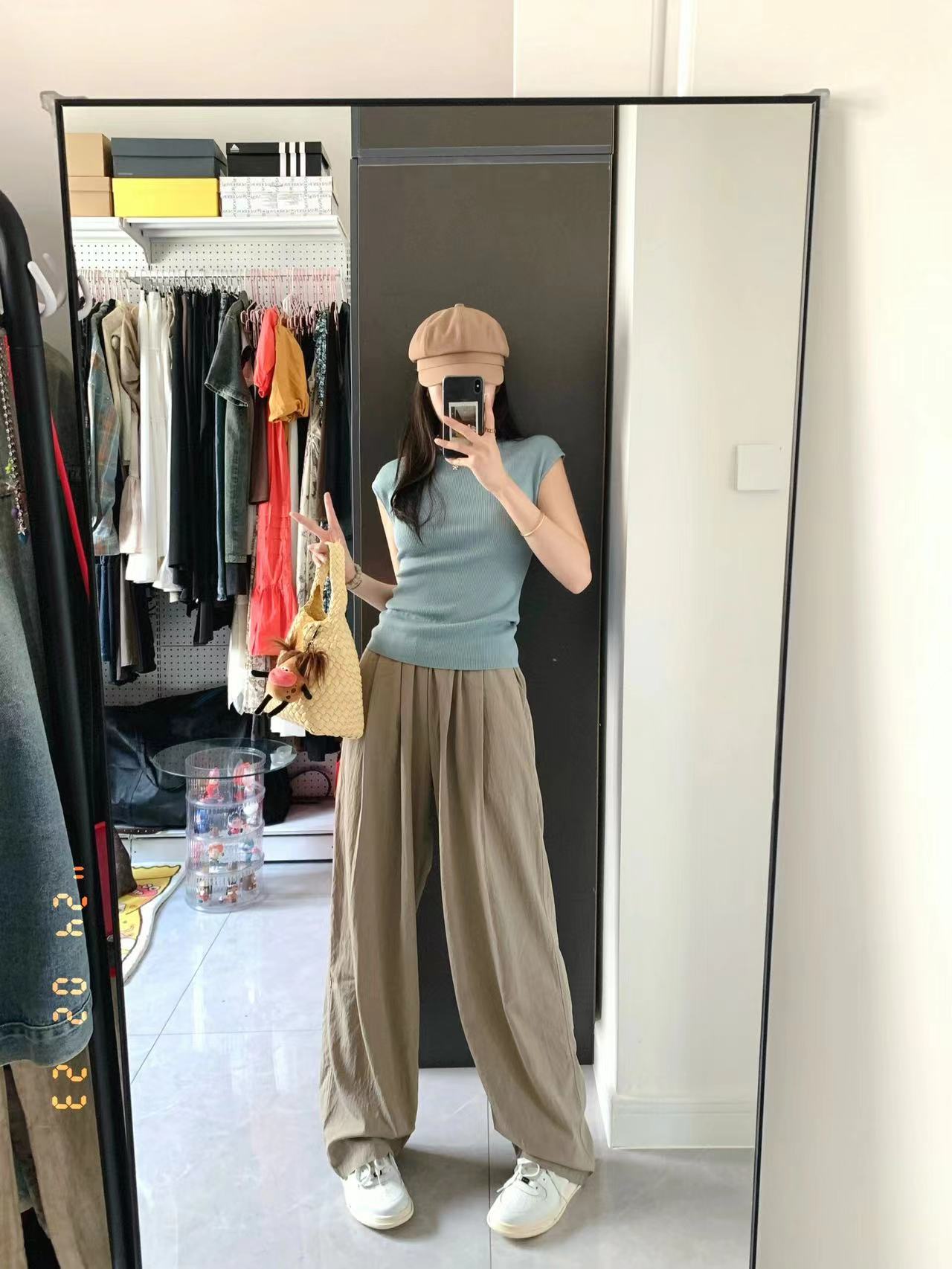 純欲甜辣妹圓領收腰藍色背心女夏季復古高腰寬鬆休閒直筒闊腿長褲