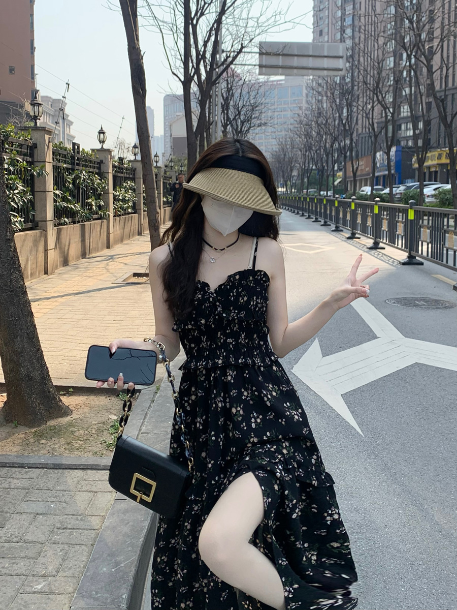 實拍~夏季新品韓版溫柔碎花吊帶法式小眾連衣裙吊帶裙長裙