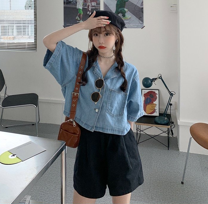 夏季新款短袖牛仔外套襯衫大碼女裝短款寬鬆襯衣S-5XL200斤