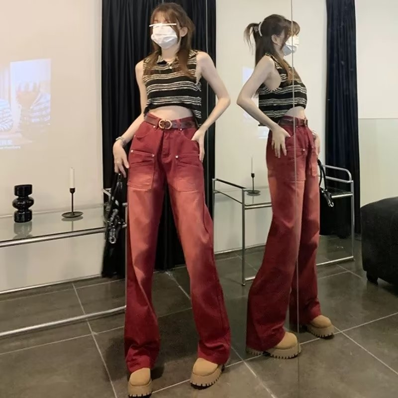 2024設計感復古紅水洗做舊中腰直筒牛仔褲女時尚百搭寬鬆顯瘦長褲