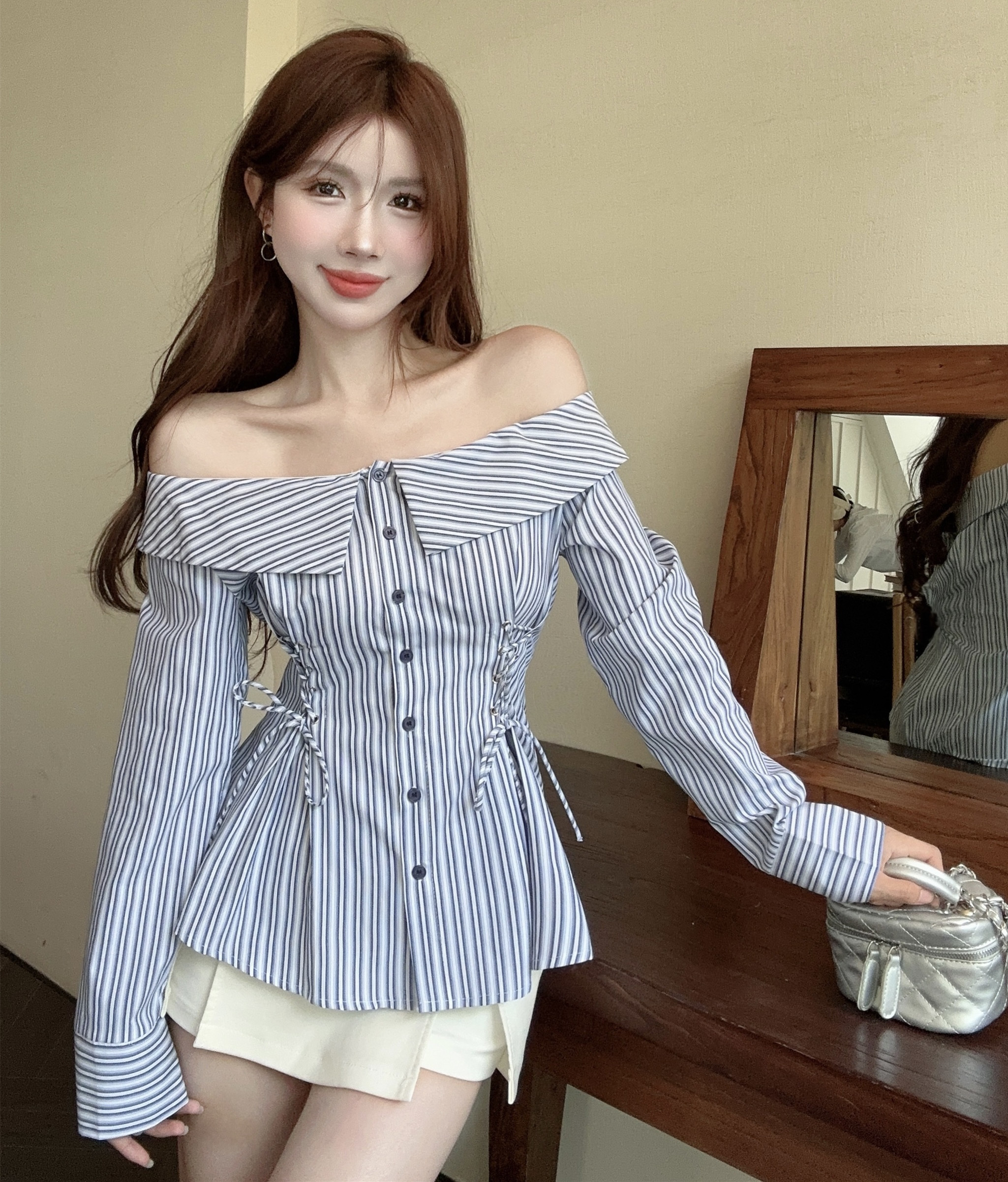#實拍#性感辣妹條紋襯衫女夏一字領修身收腰襯衫別致系帶長袖上衣