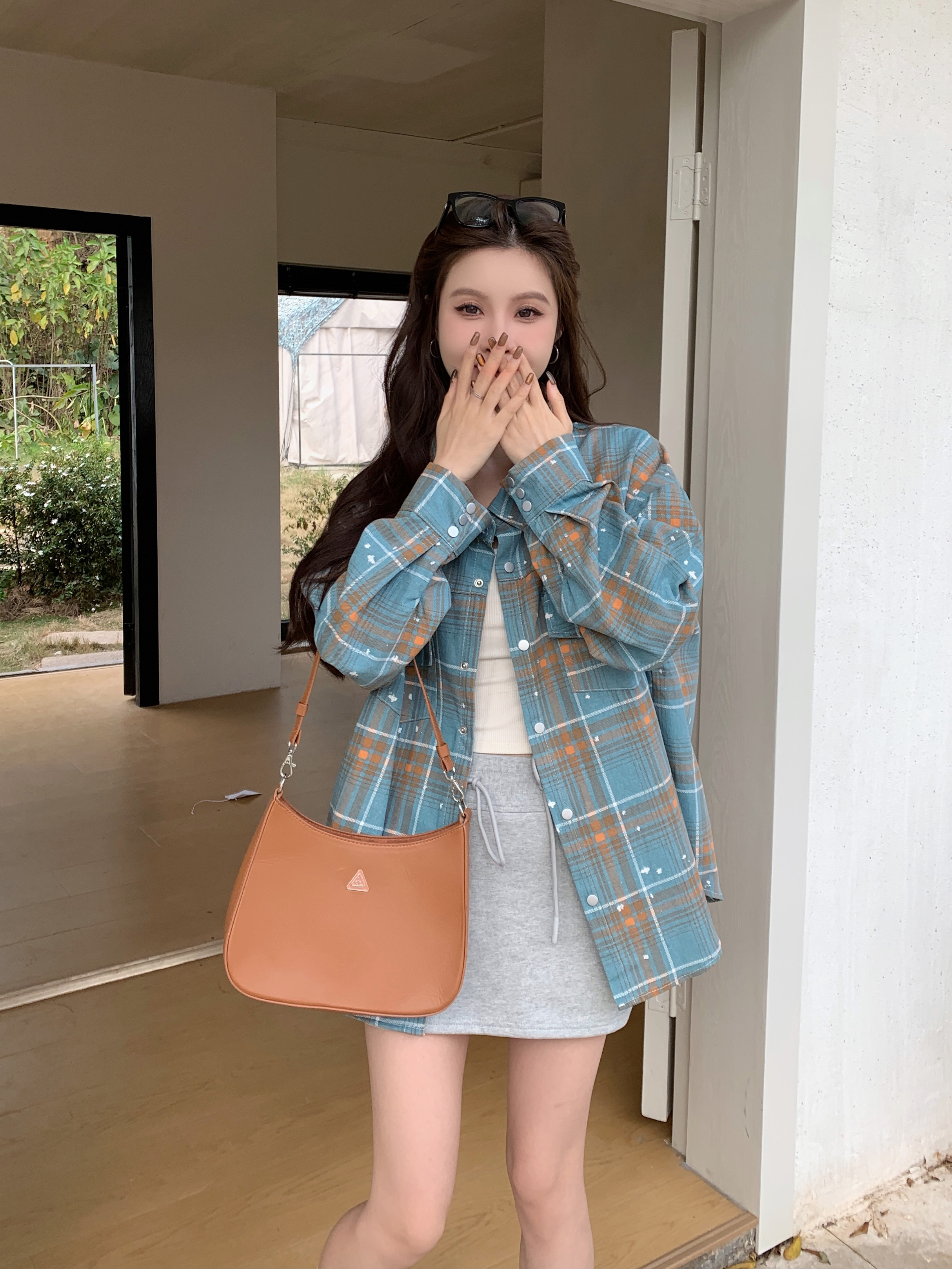 純棉水洗印花格子襯衫女寬鬆bf慵懶風襯衣計感春秋款