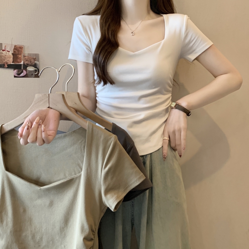 Real shot 40 count pure cotton 2024 summer pleated slim fit peach collar short-sleeved T-shirt women's collarbone