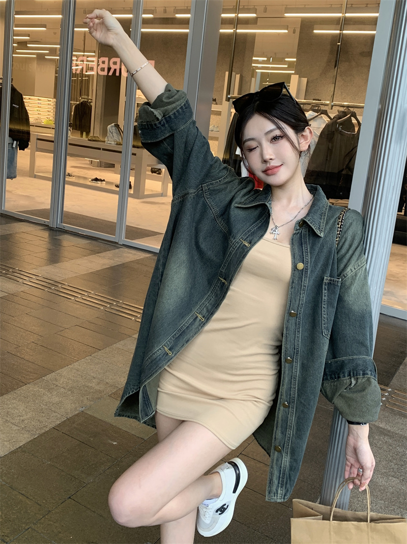 實拍~牛仔襯衫女2024春秋新款韓版寬鬆中長款慵懶風休閒外套上衣