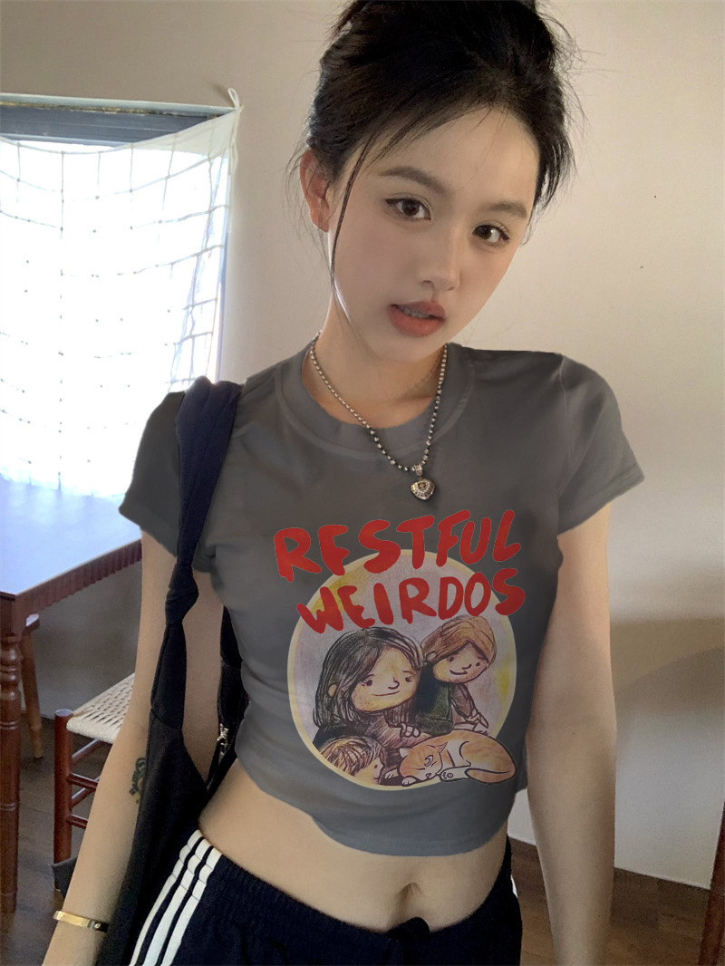 Real shot of pure cotton design niche right shoulder short sleeve T-shirt hot girl short high waist exposed navel slim fit top
