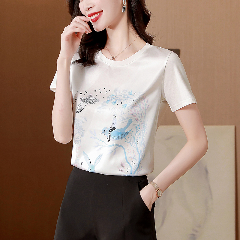 實拍重磅新款夏裝桑蠶絲T恤上衣洋氣2024真絲短袖女印花緞面休閒