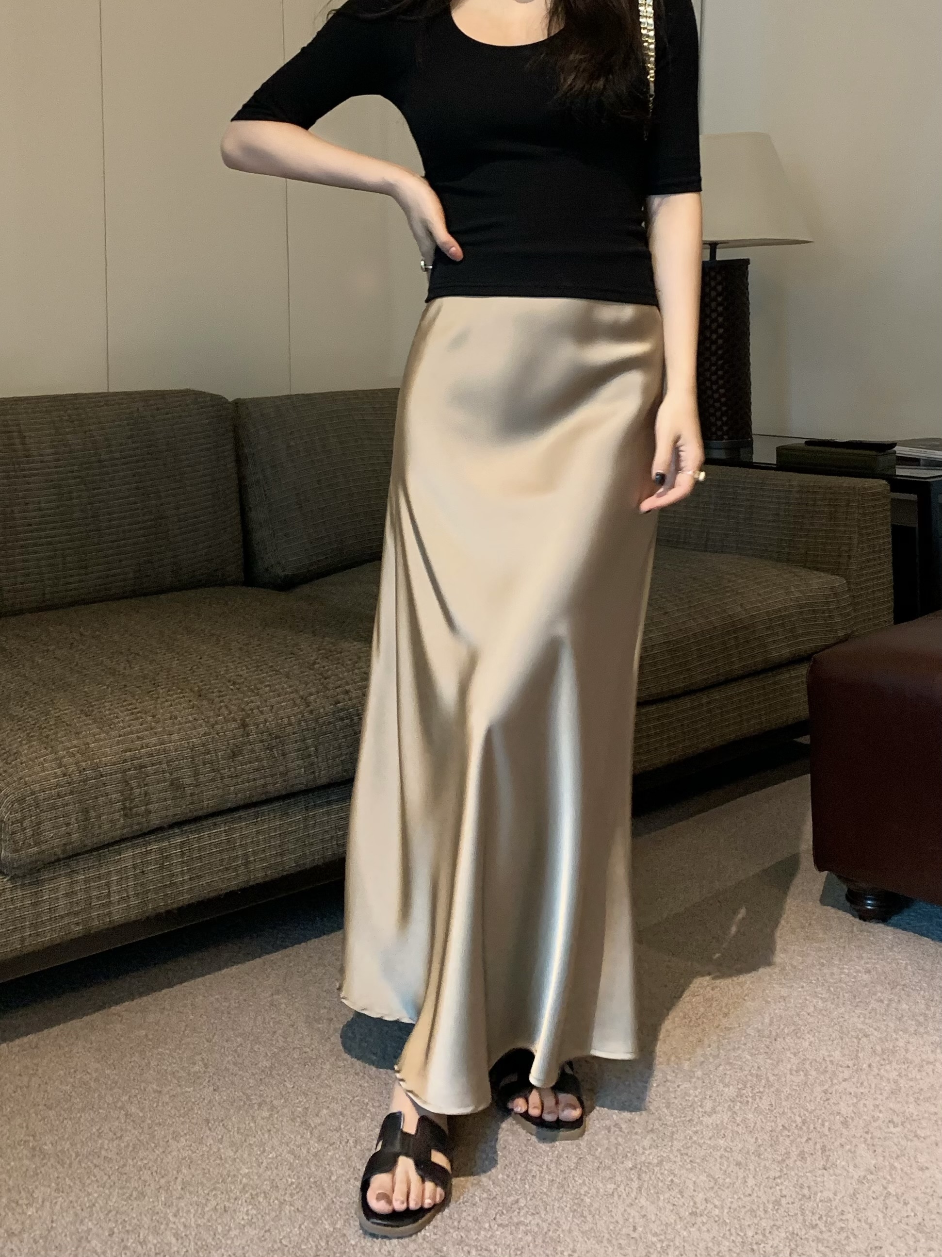 Real shot ~ New Chinese style elastic waist slimming mid-length skirt satin silky skirt fishtail A-line long skirt