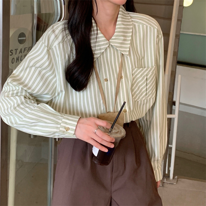 法式綠色雙排扣條紋襯衫女春季寬鬆復古翻領襯衣