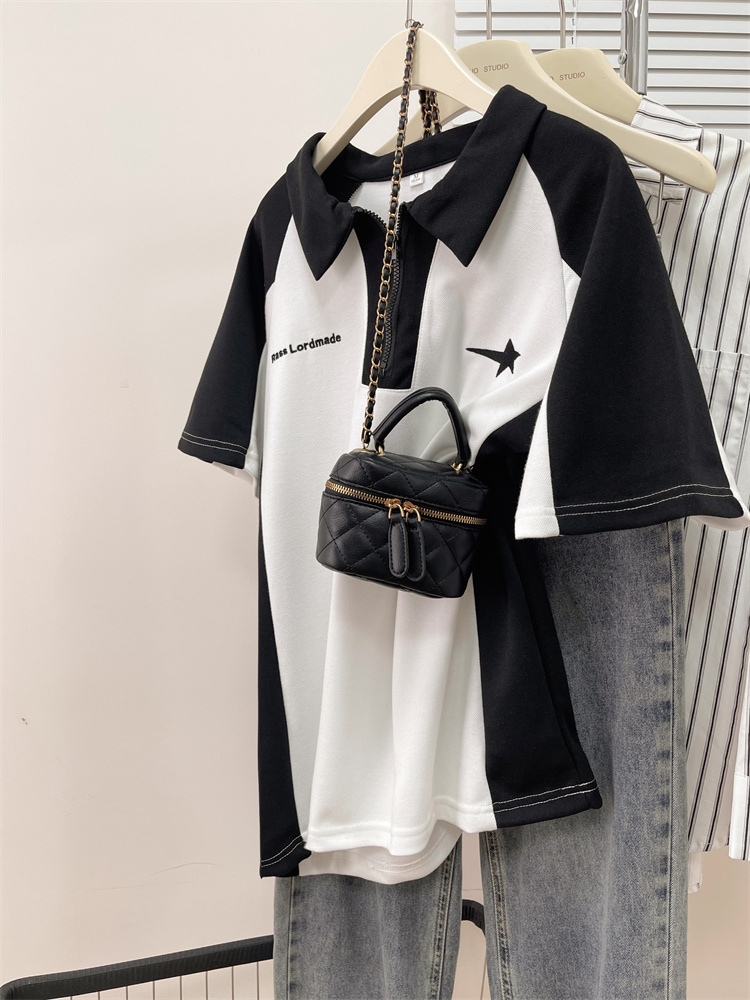 實拍 2024夏裝韓版POLO領卡通印花大碼短袖T恤女