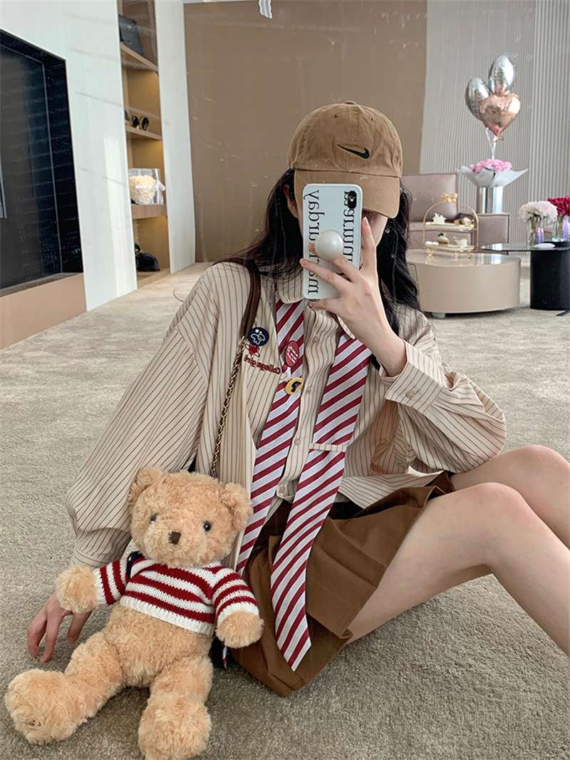 美式復古設計感領帶條紋襯衫女春季