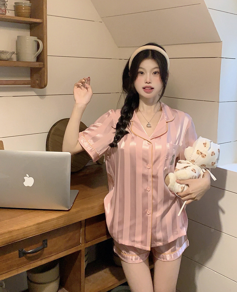 實拍  睡衣女款夏款網紅風高級感可外穿條紋家居服套裝