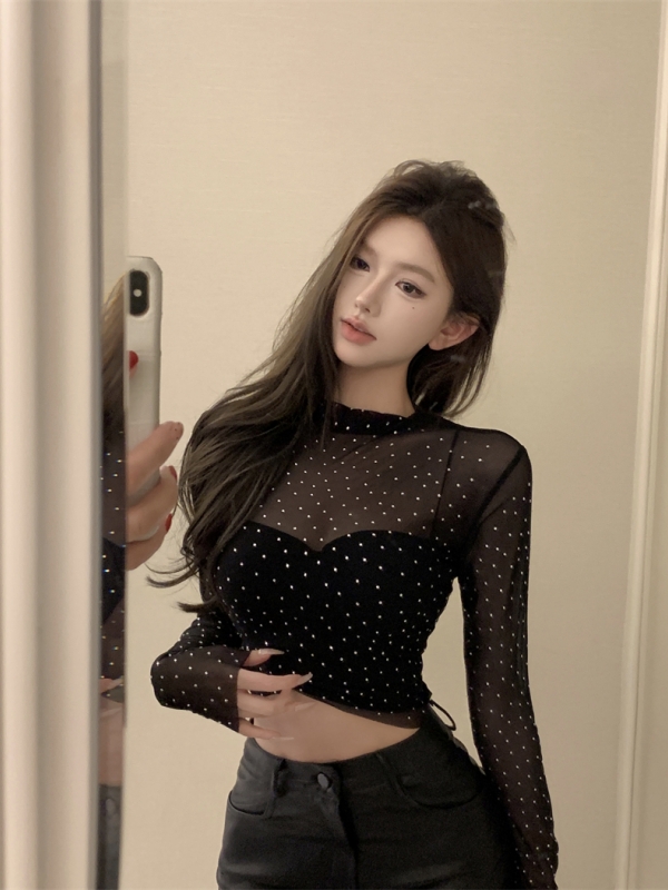 實拍 純欲辣妹性感鑲鑽網紗長袖打底衫T恤上衣女