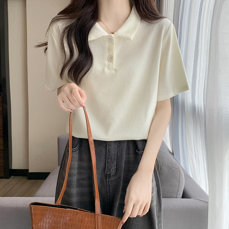 Real photo of Polo shirt short-sleeved women's T-shirt summer design solid color versatile lapel half-sleeved waffle top