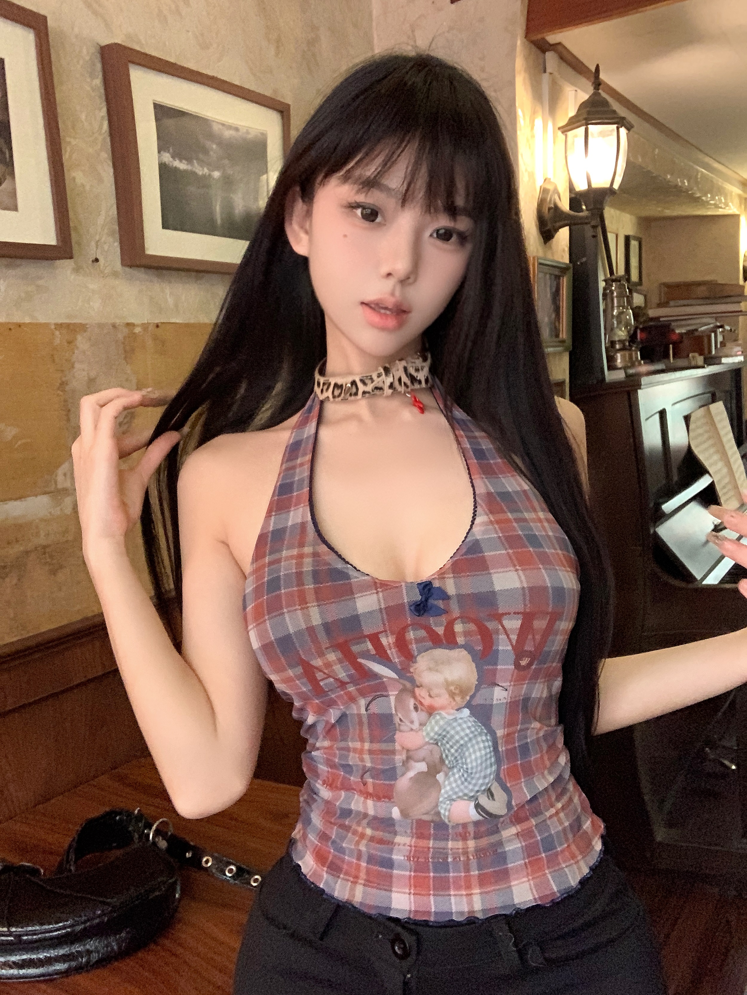 實拍 純欲辣妹少女感印花格紋掛脖花邊吊帶+黑色高腰提臀短褲