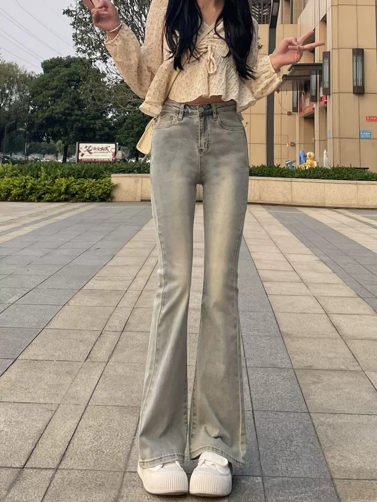 2024春季美式黃泥染微喇牛仔褲女高腰高個子拖地做舊復古淺色