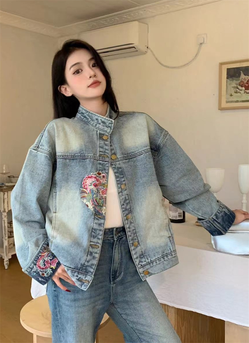 實拍~國風牛仔外套女重工刺繡上衣2024春季新中式拼接短款夾克