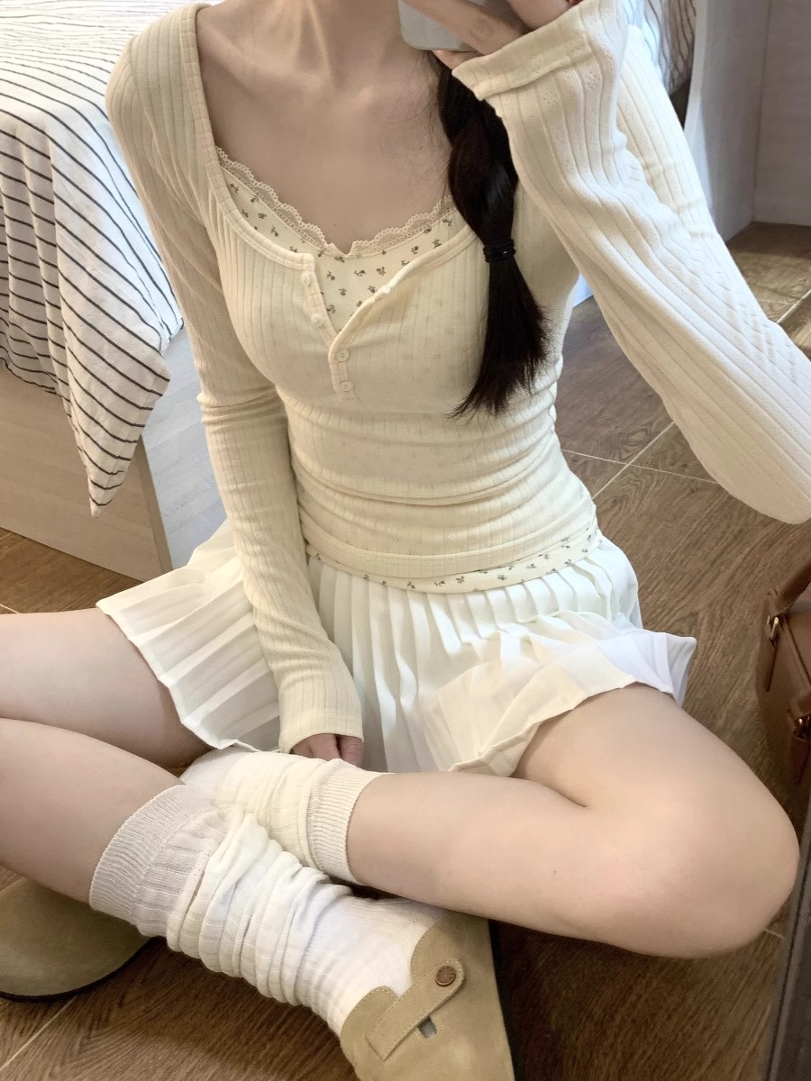 Pure lust hottie body-showing top for women spring and summer holiday two-piece long-sleeved T-shirt brushed lace bottoming shirt with T-shirt