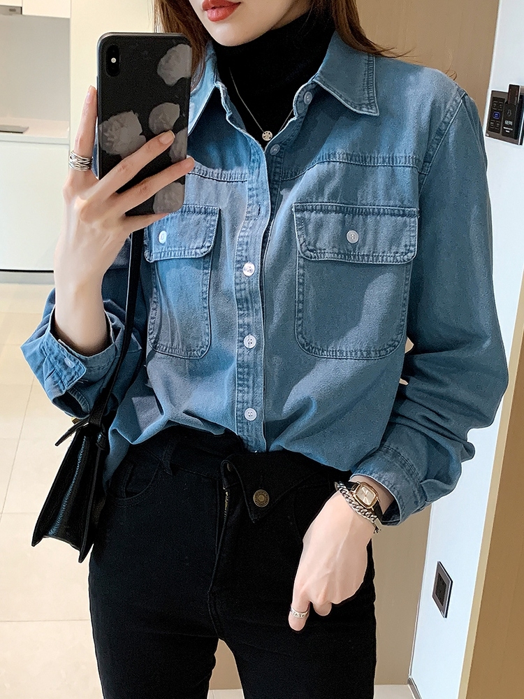復古港風牛仔襯衫女寬鬆設計感小眾上衣疊穿百搭翻領長袖襯衣春秋