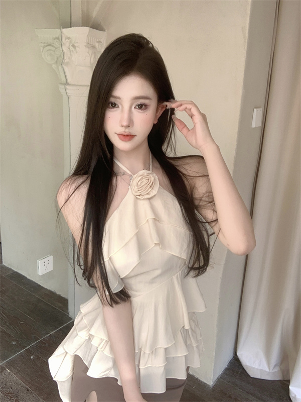 實拍~掛脖玫瑰花飄帶無袖上衣女夏季美背木耳邊甜辣風吊帶
